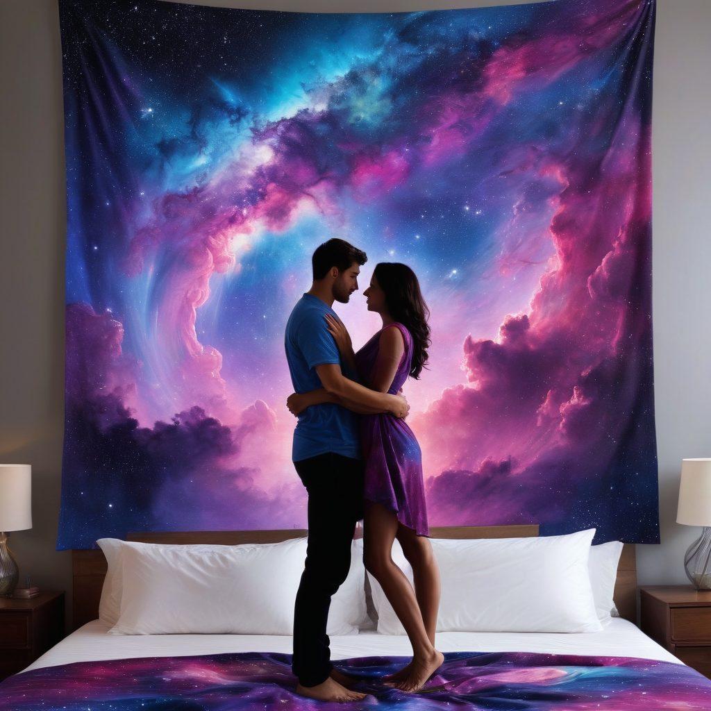 A dazzling cosmic scene featuring a couple embracing among swirling galaxies and vibrant nebulae, with stardust sparkling around them. The background should be filled with rich purples, blues, and pinks of the universe, accentuating their connection. The couple is silhouetted against the celestial landscape, radiating warmth and love. vibrant colors. super-realistic. cosmic theme.