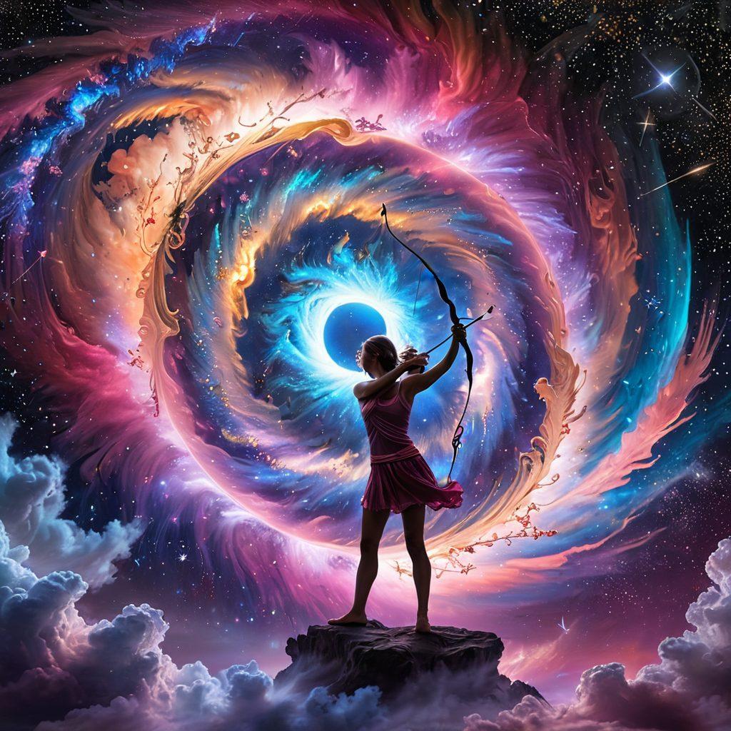 A cosmic landscape showcasing the vibrant Helix Nebula as a backdrop, with swirling colors of pink, blue, and purple. In the foreground, an ethereal representation of Cupid, adorned with celestial elements, extends a magical bow and arrow towards a starry night sky. Glittering stars and galaxies dance around, symbolizing love's universal embrace. The overall atmosphere is romantic and mystical. super-realistic. vibrant colors. cosmic theme.