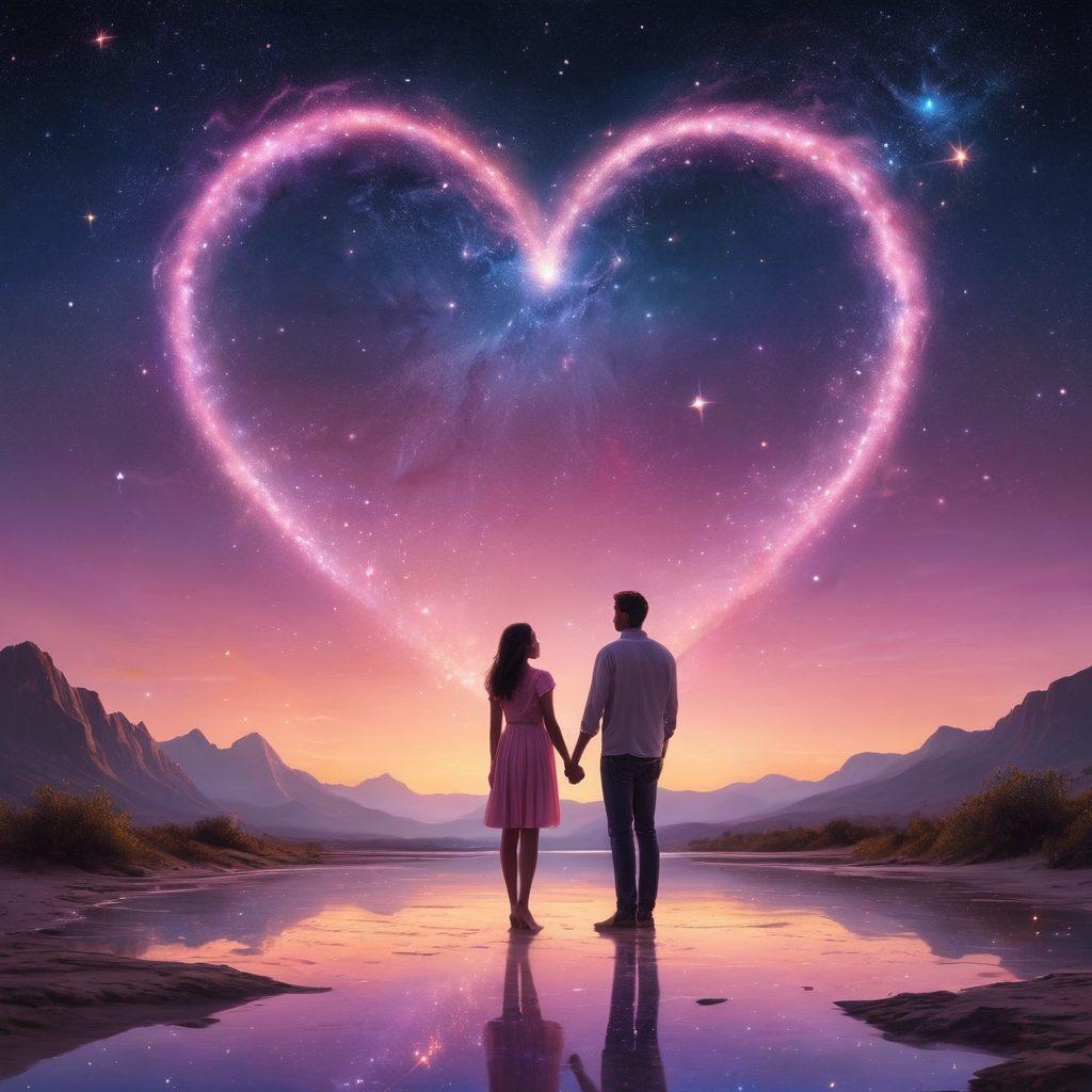 A dreamy cosmic landscape showcasing intertwined constellations shaped like hearts, with planets and stars reflecting soft romantic hues. In the foreground, a couple gazes up, contemplating their celestial journey, surrounded by ethereal celestial symbols representing love and romance. A gentle glow emanates from the cosmos, enhancing the magical atmosphere. surrealistic art. vibrant colors. starry background.